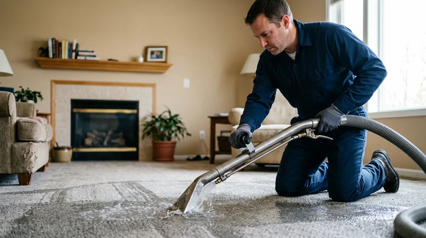 Water damage restoration technician working near Akron, MI